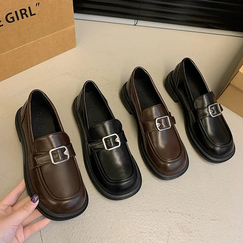 Square Heel Round Toe Solid Buckle Low Heel Spring Autumn Pumps Loafers