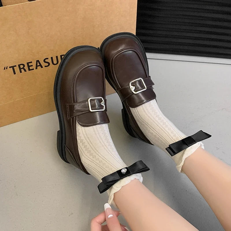 Square Heel Round Toe Solid Buckle Low Heel Spring Autumn Pumps Loafers