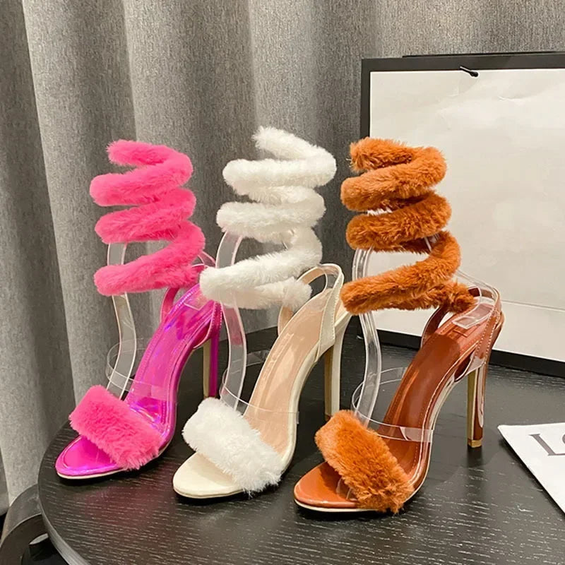 Decoration Serpentine Winding High Heel Open Toe Ankle Strap High Heel