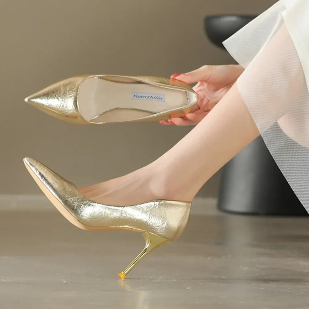 Gold Shiny Large Size Party Pointed Toe Wedding High Heel