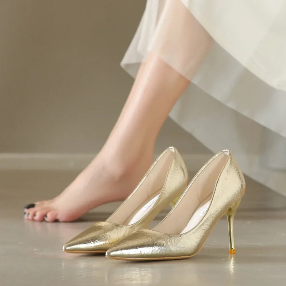 Gold Shiny Large Size Party Pointed Toe Wedding High Heel
