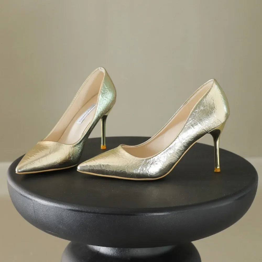 Gold Shiny Large Size Party Pointed Toe Wedding High Heel