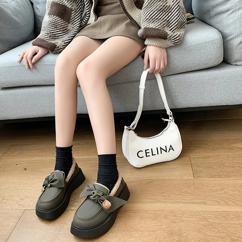 Fur Round Toe British Style Preppy Comfortable Leather Creepers Loafers