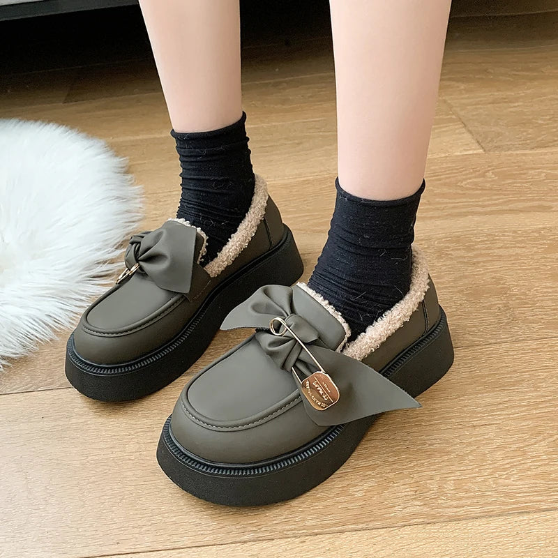 Fur Round Toe British Style Preppy Comfortable Leather Creepers Loafers