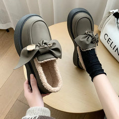 Fur Round Toe British Style Preppy Comfortable Leather Creepers Loafers