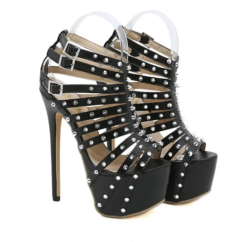Narrow band hollow rivet buckle strap extreme high heel party High Heel