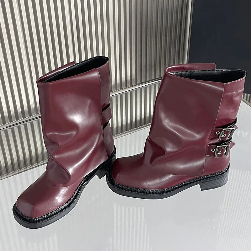 New Square Toe Buckled Slip On Modern Ankle Boot