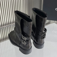 New Square Toe Buckled Slip On Modern Ankle Boot