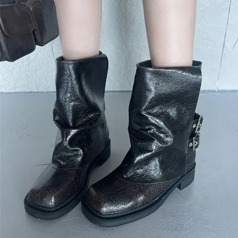 New Square Toe Buckled Slip On Modern Ankle Boot
