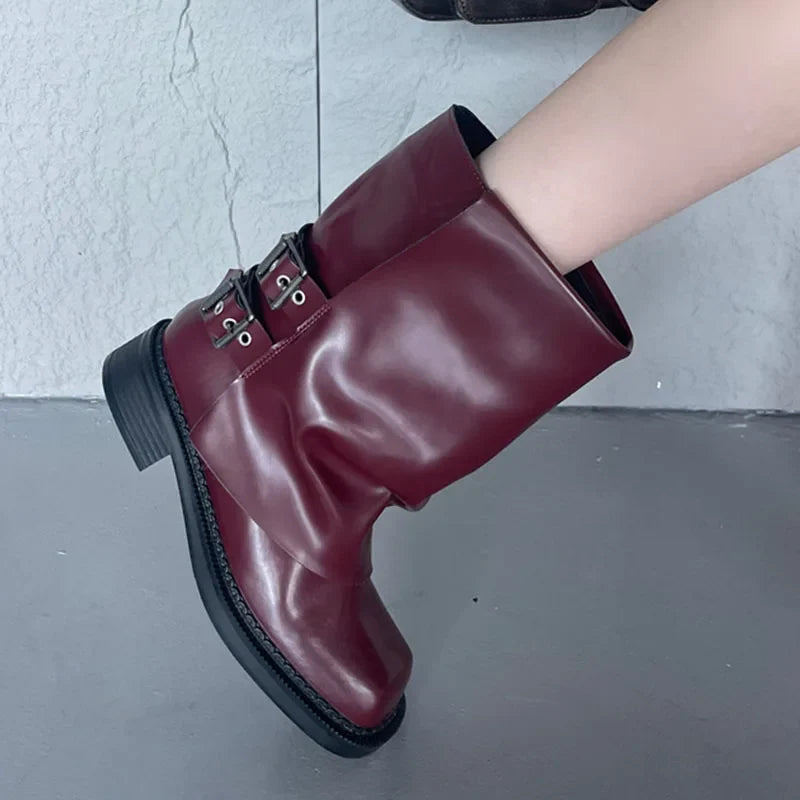 New Square Toe Buckled Slip On Modern Ankle Boot