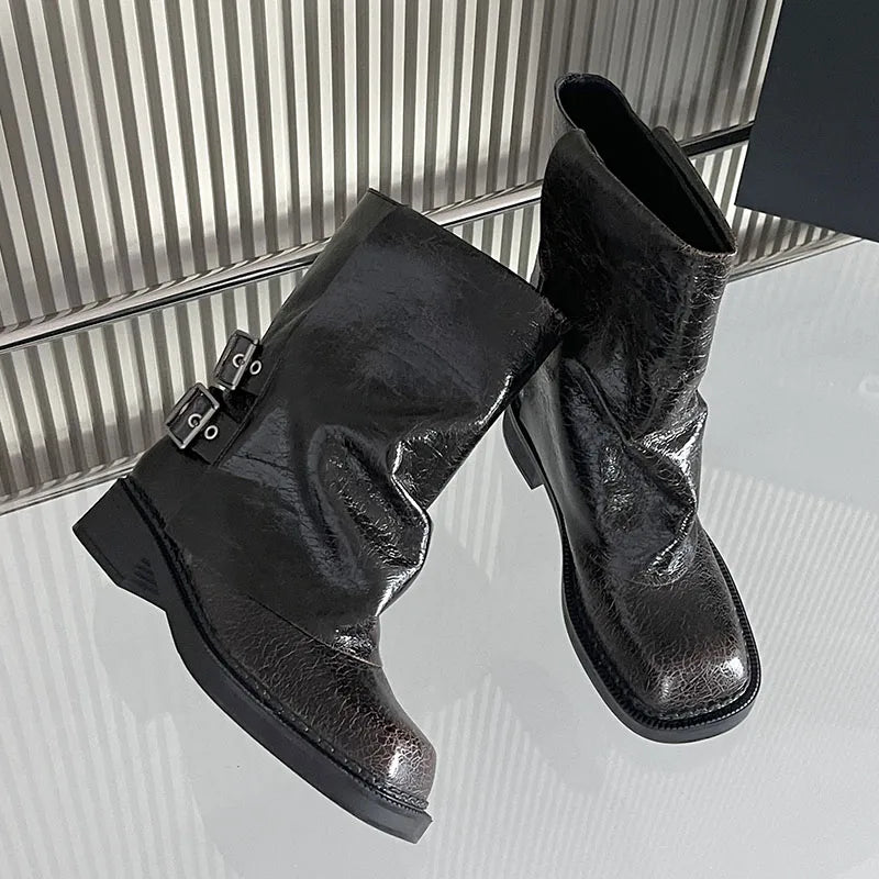 New Square Toe Buckled Slip On Modern Ankle Boot