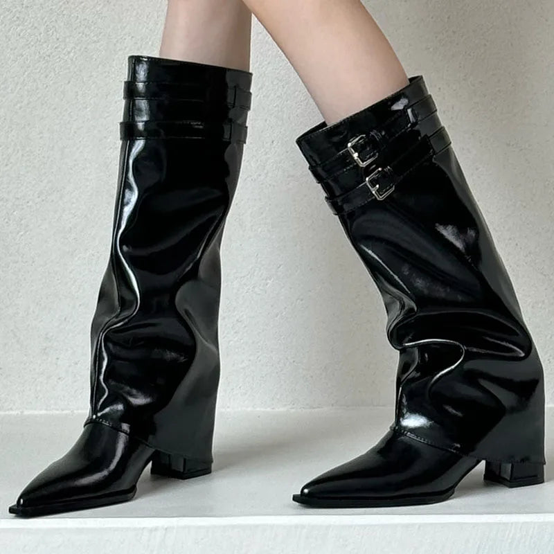 New Footwear Pointed Toe Buckle Heels Long Knee High Boots