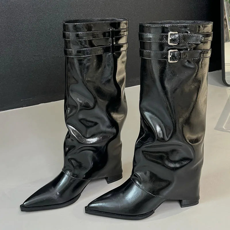 New Footwear Pointed Toe Buckle Heels Long Knee High Boots