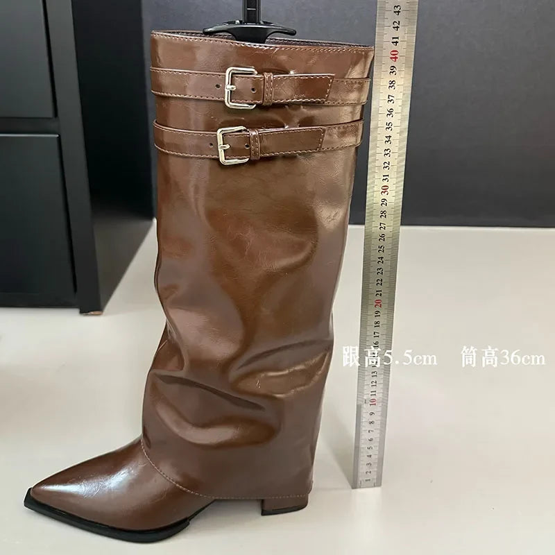 New Footwear Pointed Toe Buckle Heels Long Knee High Boots