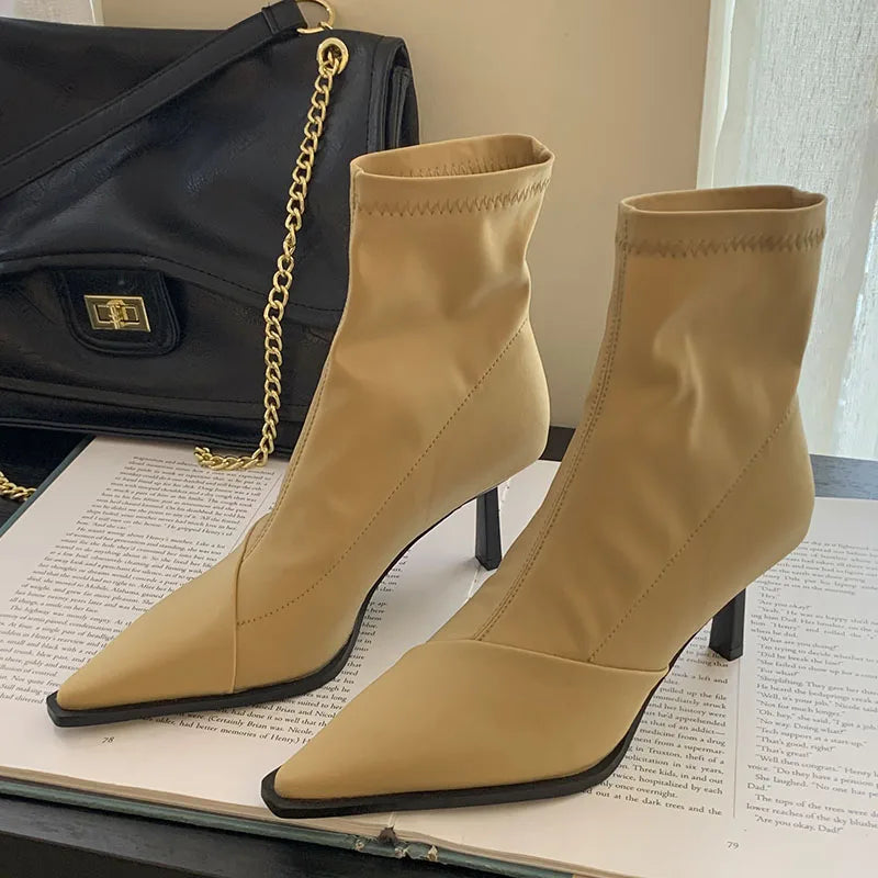 Stretchable Elastic Pointed Toe Heeled Ankle Boot