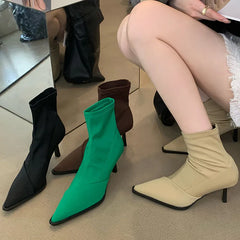 Stretchable Elastic Pointed Toe Heeled Ankle Boot