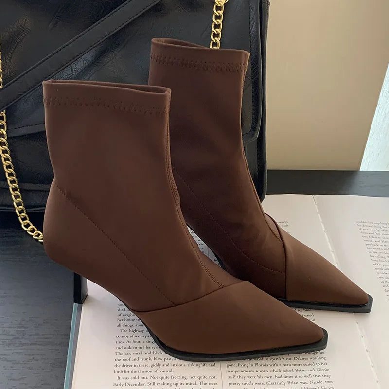 Stretchable Elastic Pointed Toe Heeled Ankle Boot