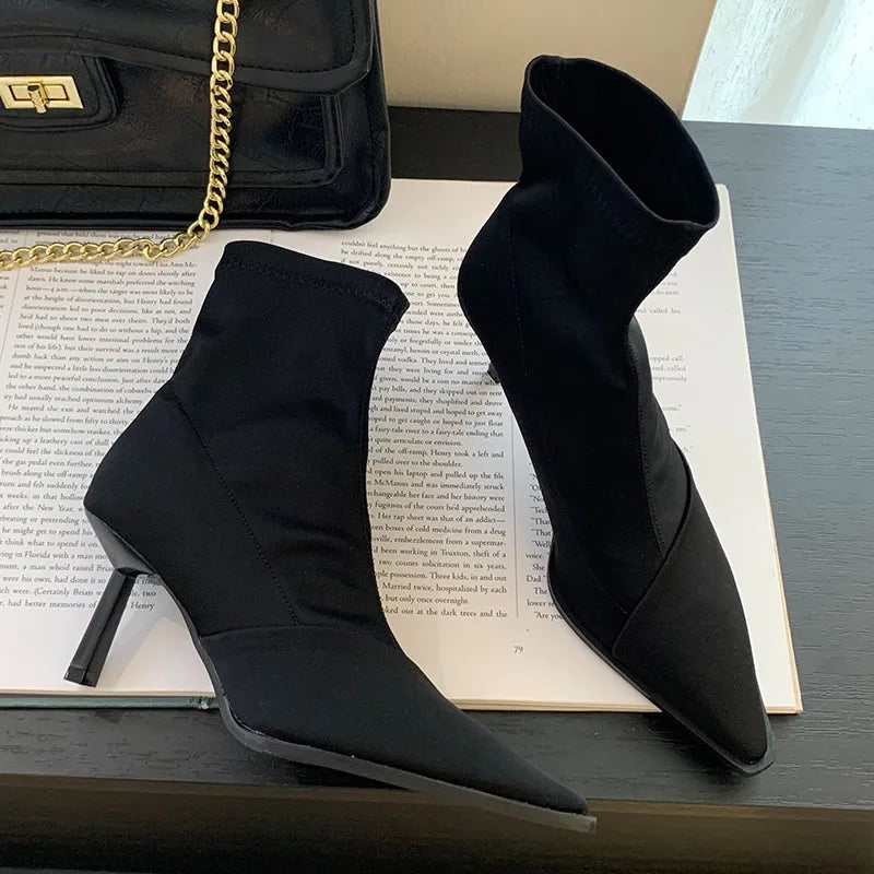 Stretchable Elastic Pointed Toe Heeled Ankle Boot