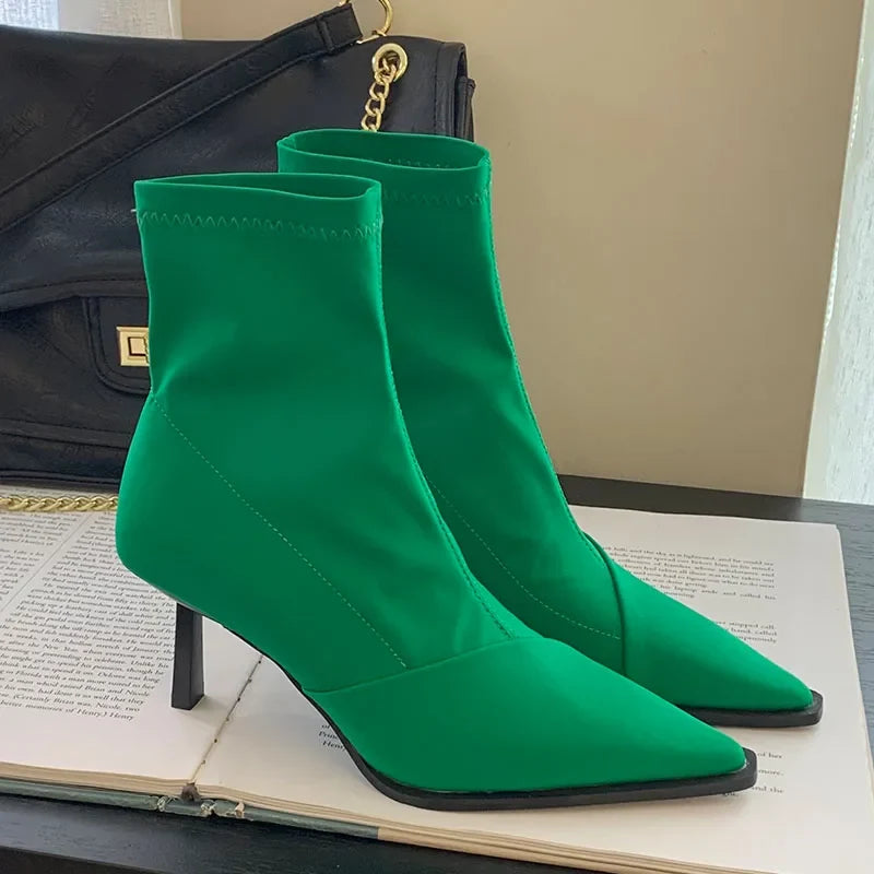 Stretchable Elastic Pointed Toe Heeled Ankle Boot