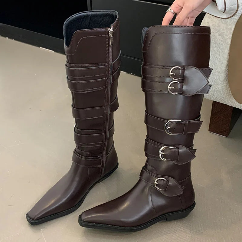 New Footwear Zippers Autumn Metal Buckle Long Knee High Boots
