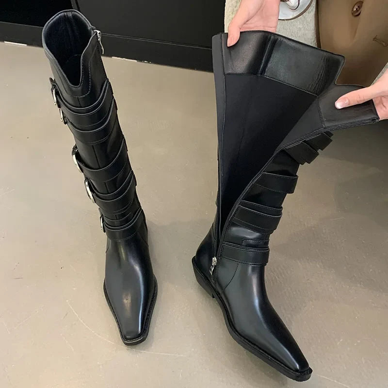 New Footwear Zippers Autumn Metal Buckle Long Knee High Boots