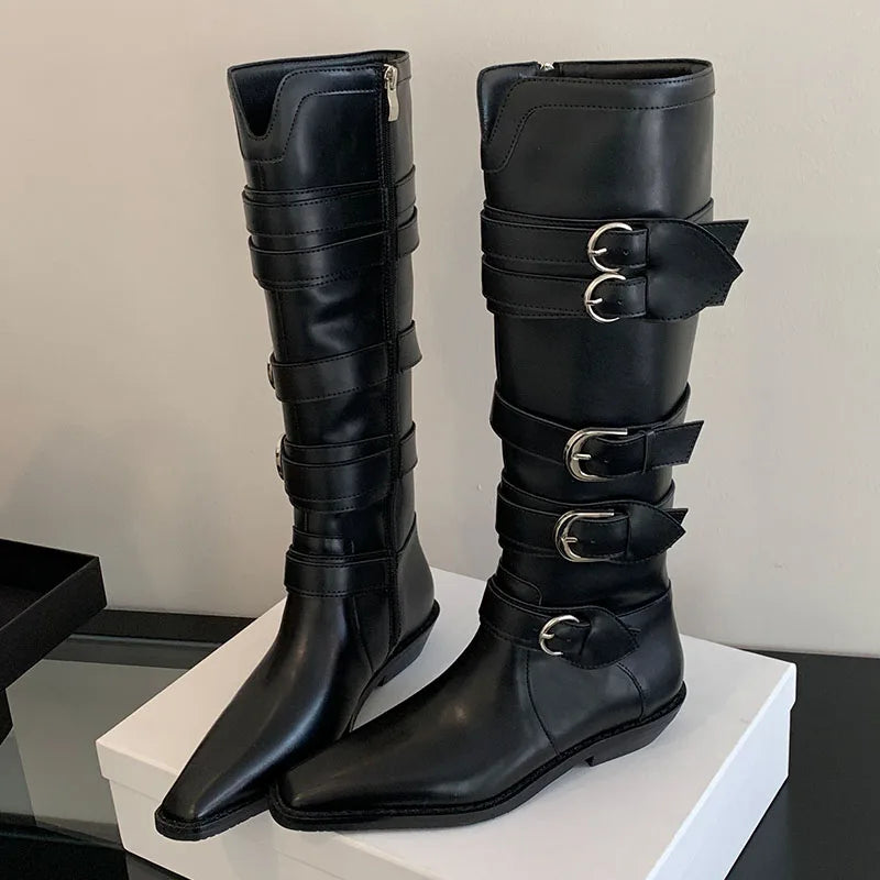 New Footwear Zippers Autumn Metal Buckle Long Knee High Boots