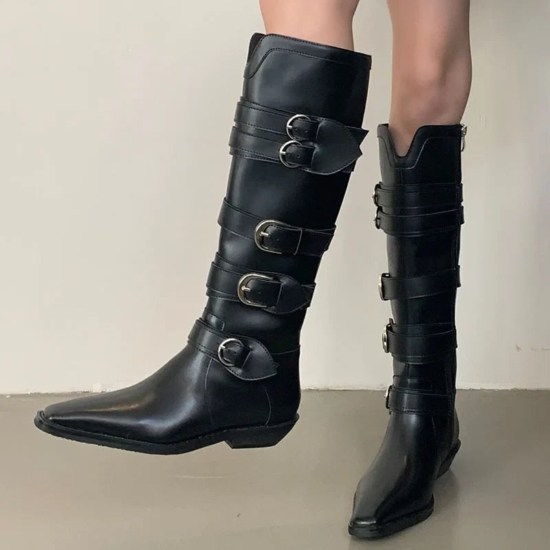 New Footwear Zippers Autumn Metal Buckle Long Knee High Boots