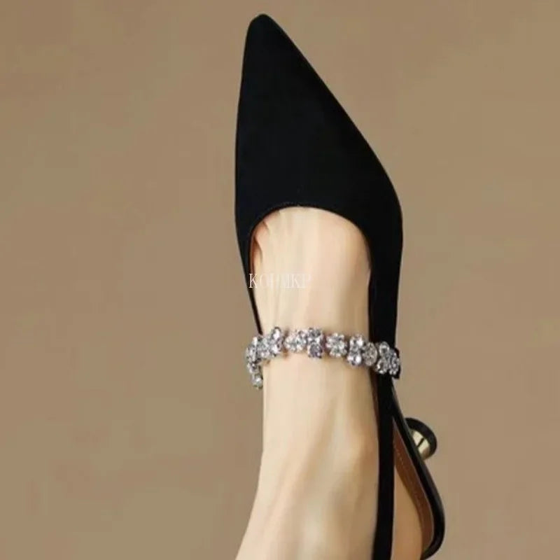 Shiny Straps Pointed Toe Slingbacks Shoes Low Heel Pumps
