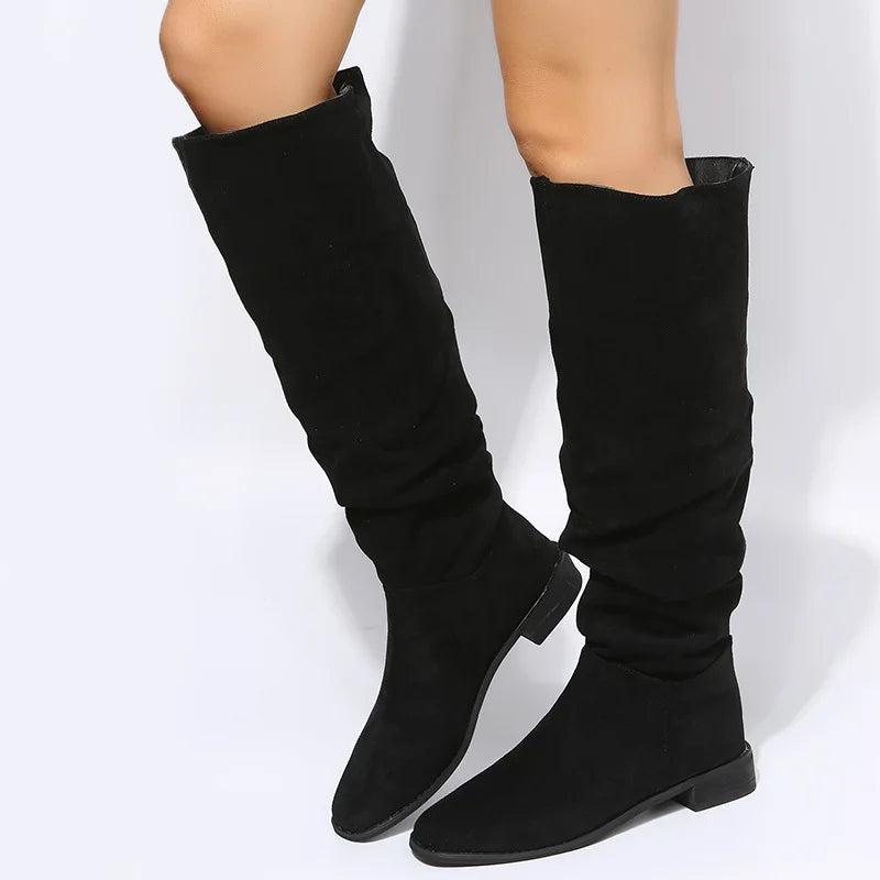 New Quality Pleated Faux Suede Flock Flat Autumn Dress Knee High Boots