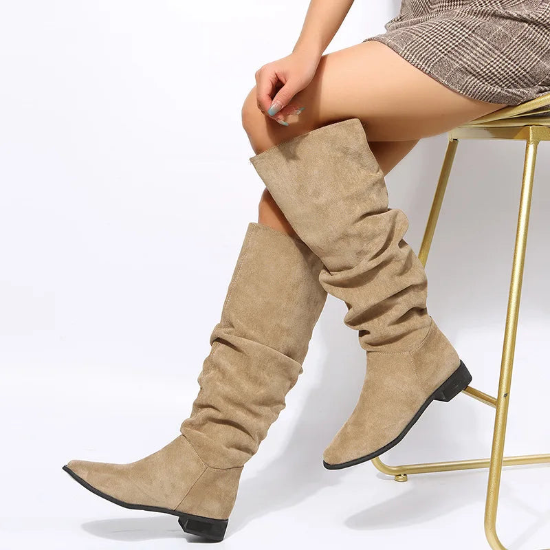 New Quality Pleated Faux Suede Flock Flat Autumn Dress Knee High Boots