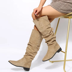 New Quality Pleated Faux Suede Flock Flat Autumn Dress Knee High Boots