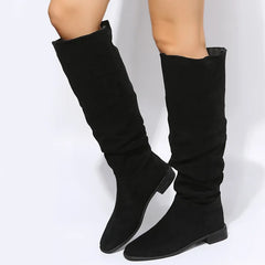 New Quality Pleated Faux Suede Flock Flat Autumn Dress Knee High Boots