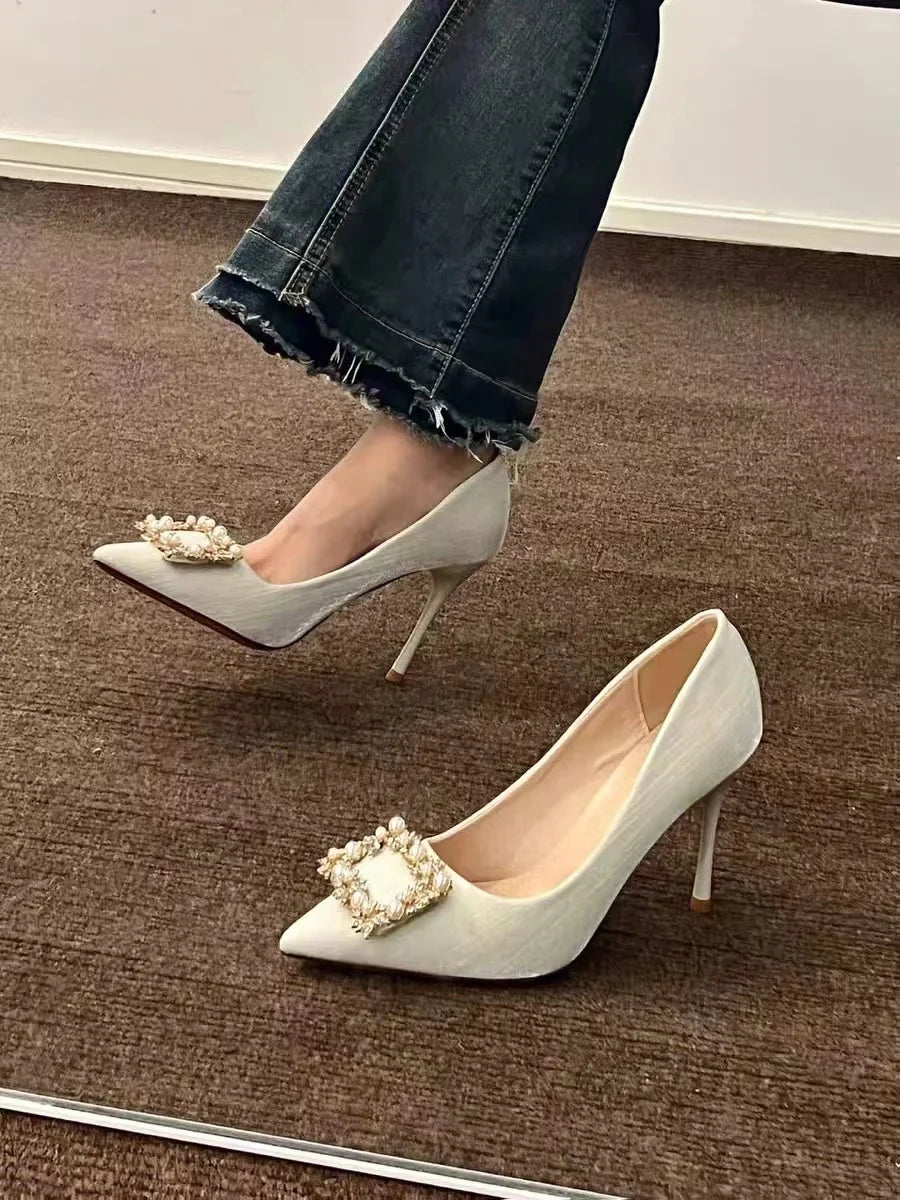 Casual Pearl Wedding Square Rhinestone High Heel
