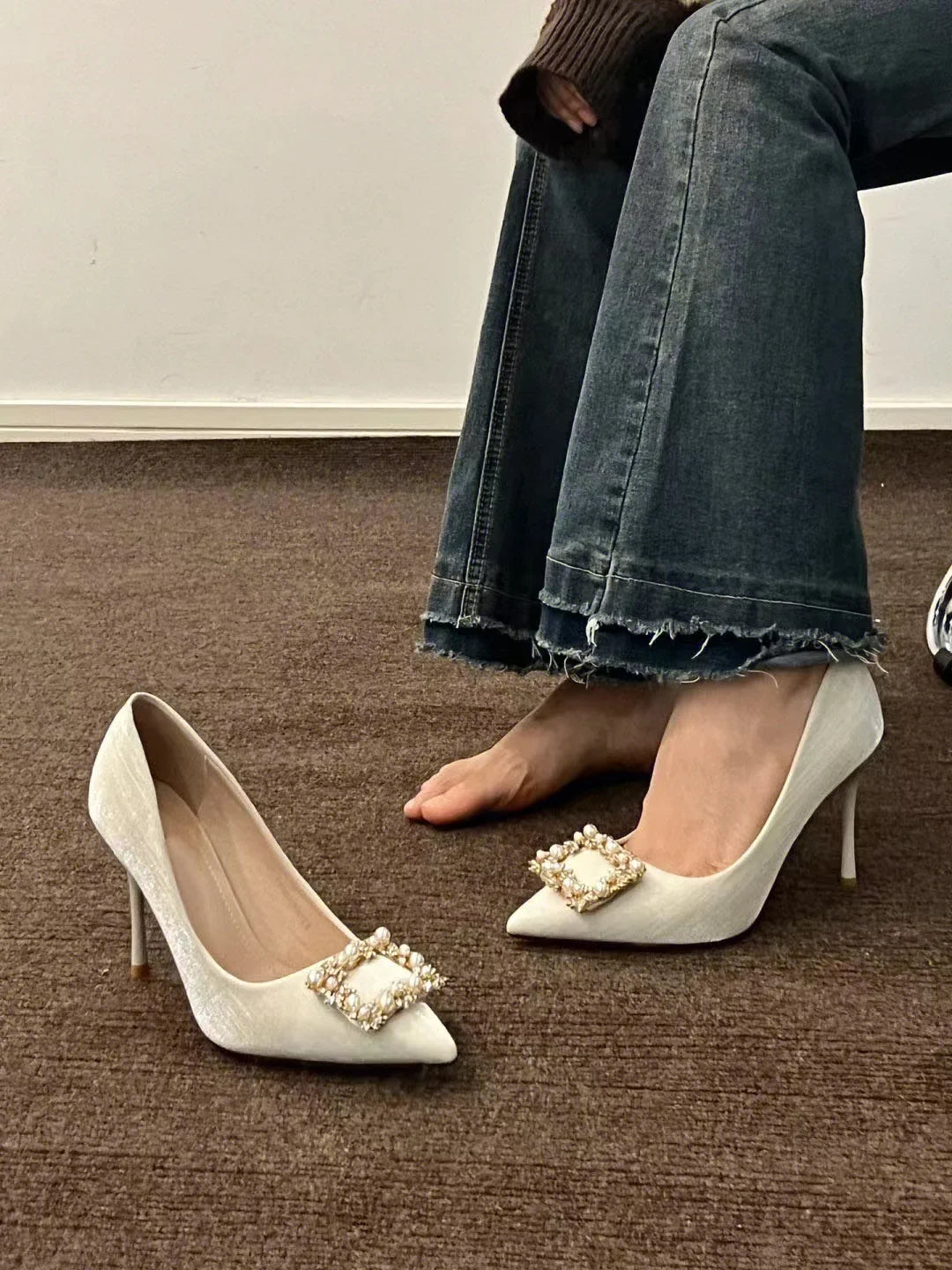 Casual Pearl Wedding Square Rhinestone High Heel