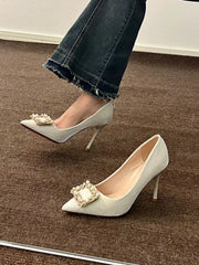 Casual Pearl Wedding Square Rhinestone High Heel