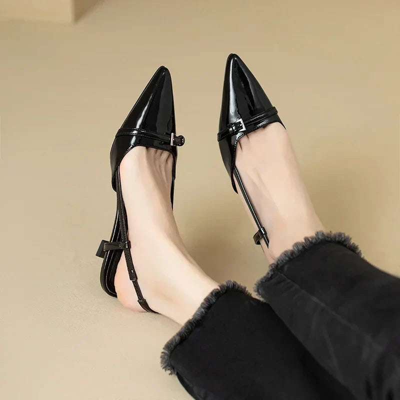 New Dress Shoes Pointed Toe Buckle Slingbacks Patent Leather Slip on Low Heel Pumps