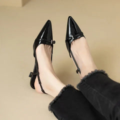 New Dress Shoes Pointed Toe Buckle Slingbacks Patent Leather Slip on Low Heel Pumps