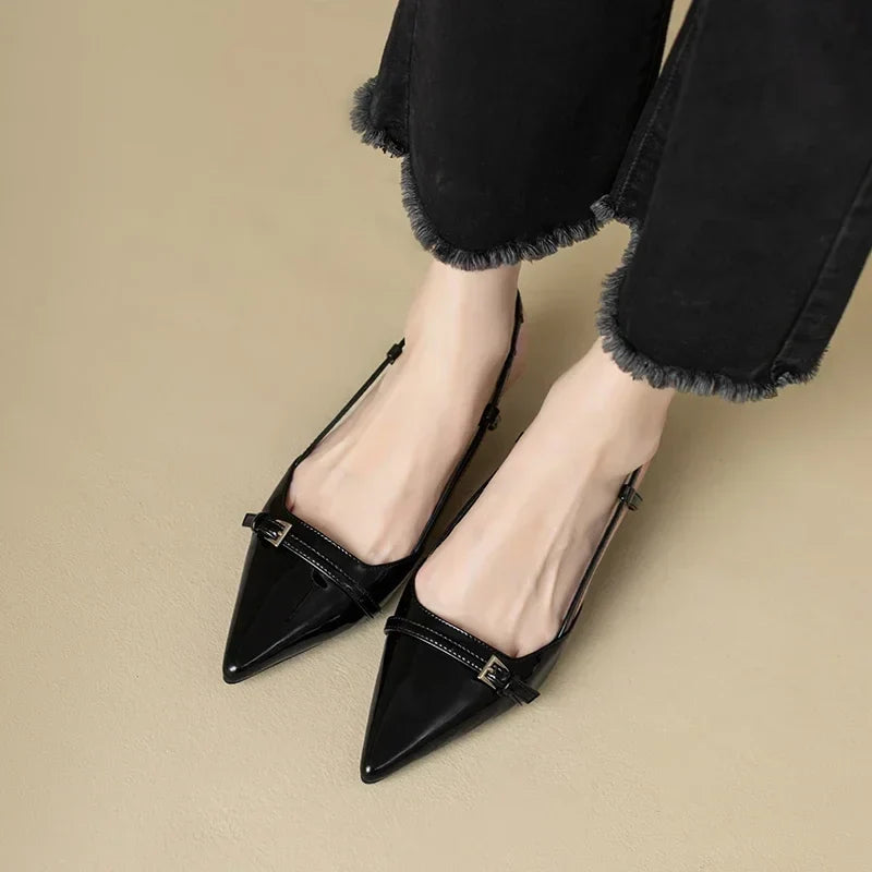New Dress Shoes Pointed Toe Buckle Slingbacks Patent Leather Slip on Low Heel Pumps