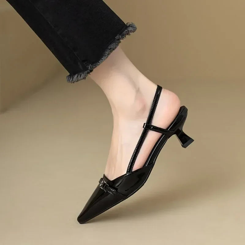 New Dress Shoes Pointed Toe Buckle Slingbacks Patent Leather Slip on Low Heel Pumps