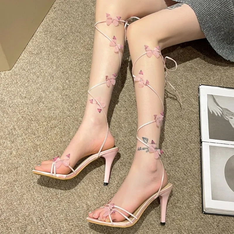 Pink Butterfly Design Elegant Strappy Open Toe Party High Heel