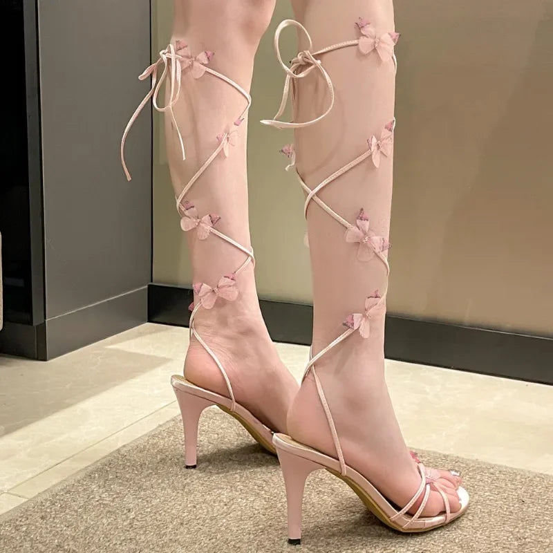 Pink Butterfly Design Elegant Strappy Open Toe Party High Heel
