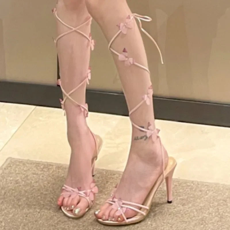 Pink Butterfly Design Elegant Strappy Open Toe Party High Heel