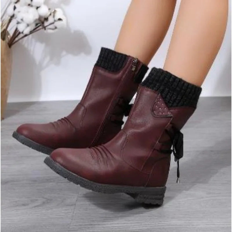 Retro Low Heeled Warm Mid calf Ankle Boot