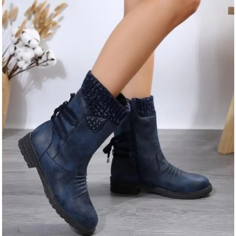 Retro Low Heeled Warm Mid calf Ankle Boot