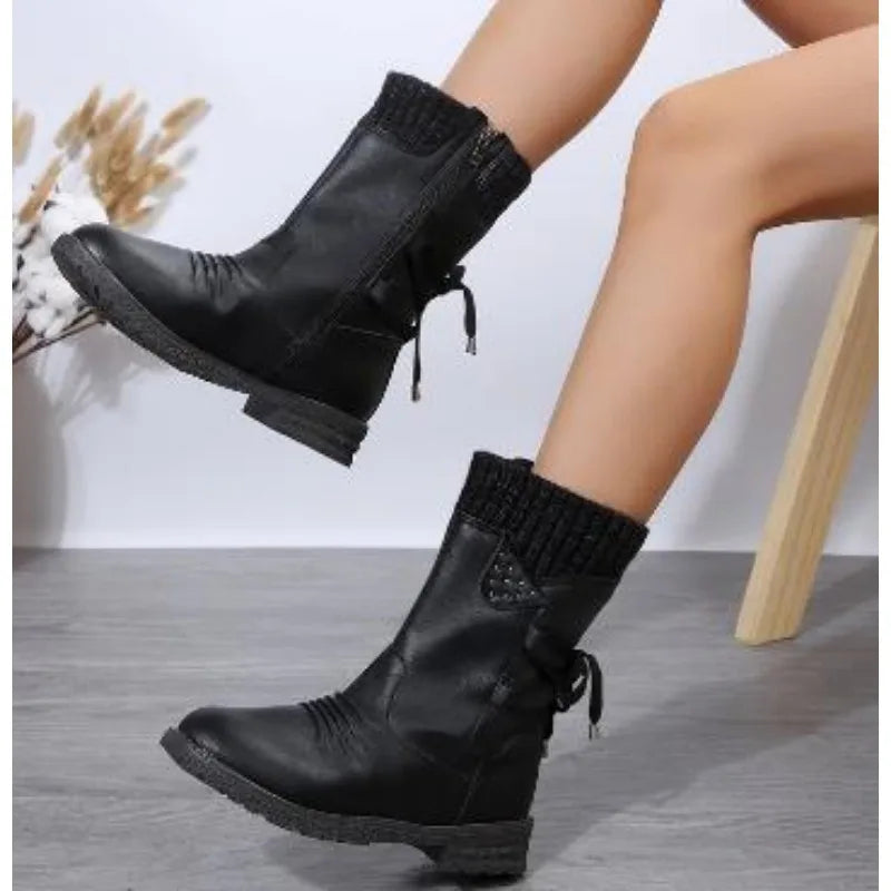 Retro Low Heeled Warm Mid calf Ankle Boot