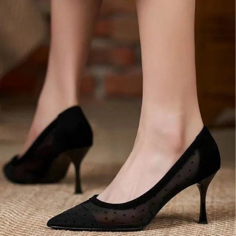 New Lace Mesh Breathable Lightweight Comfort Thin High Shoes Low Heel Pumps