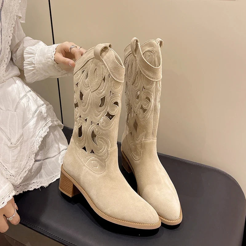 Retro Round Toe Chunky Heels Vegan Suede Cowboy Ankle Boot