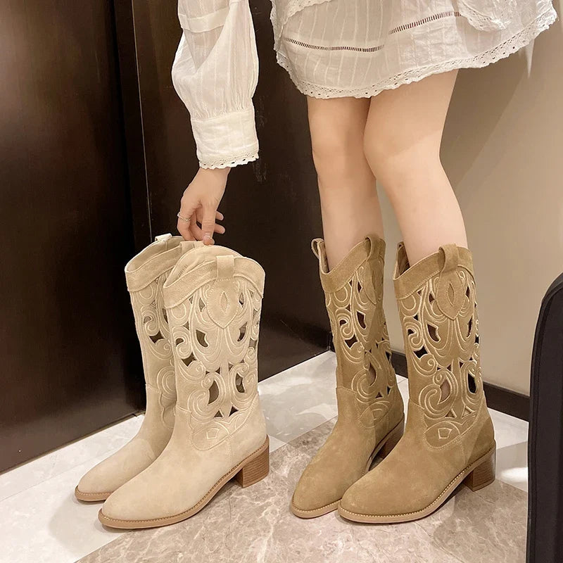 Retro Round Toe Chunky Heels Vegan Suede Cowboy Ankle Boot