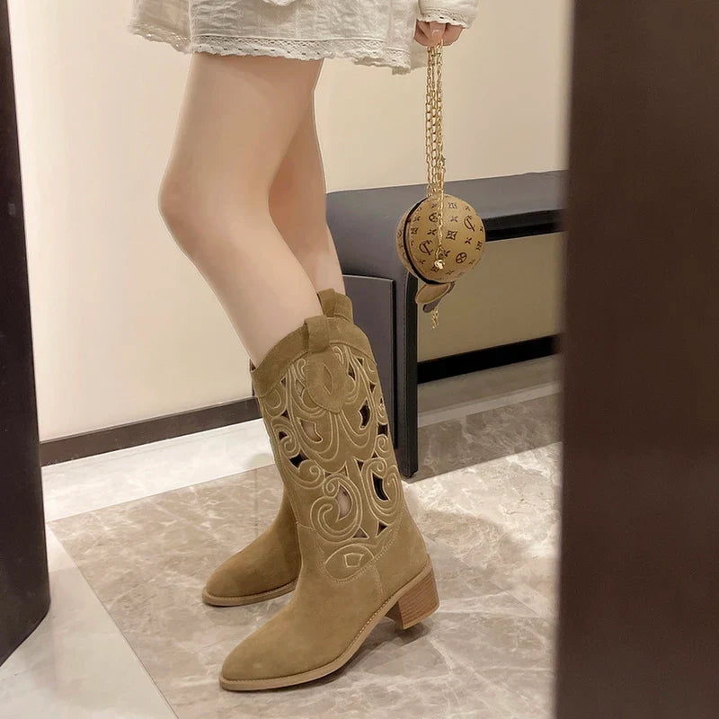 Retro Round Toe Chunky Heels Vegan Suede Cowboy Ankle Boot