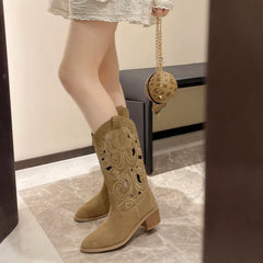 Retro Round Toe Chunky Heels Vegan Suede Cowboy Ankle Boot